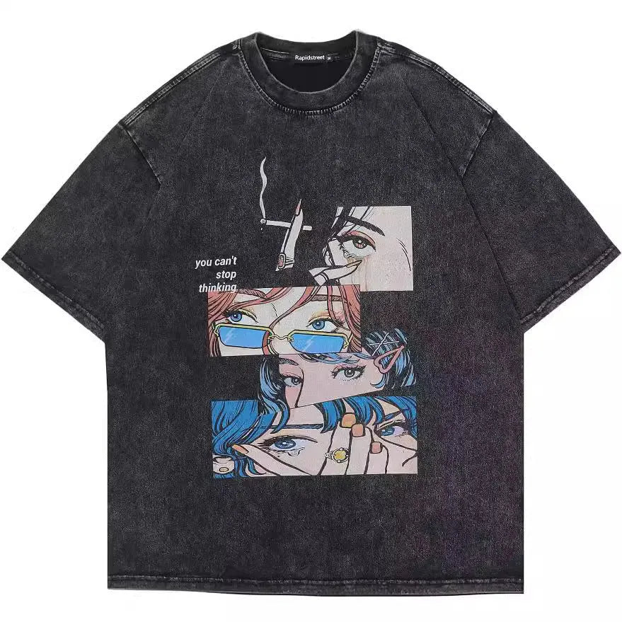 Men's washed black cotton T-shirt with cartoon print and street hip hop retro style