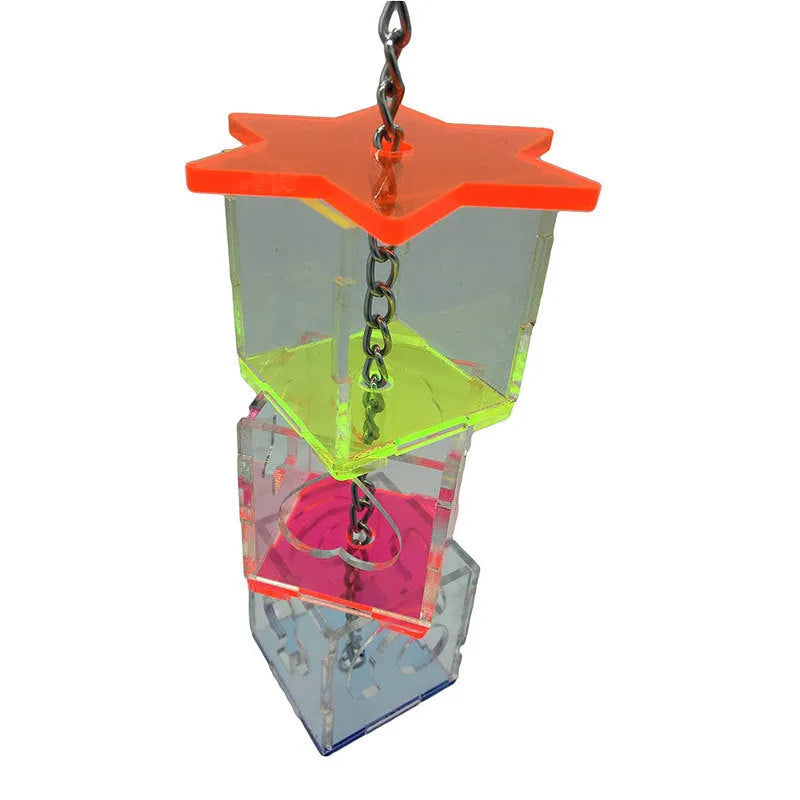 Clear acrylic parrot foraging toy measuring 32cm long with square cross-section