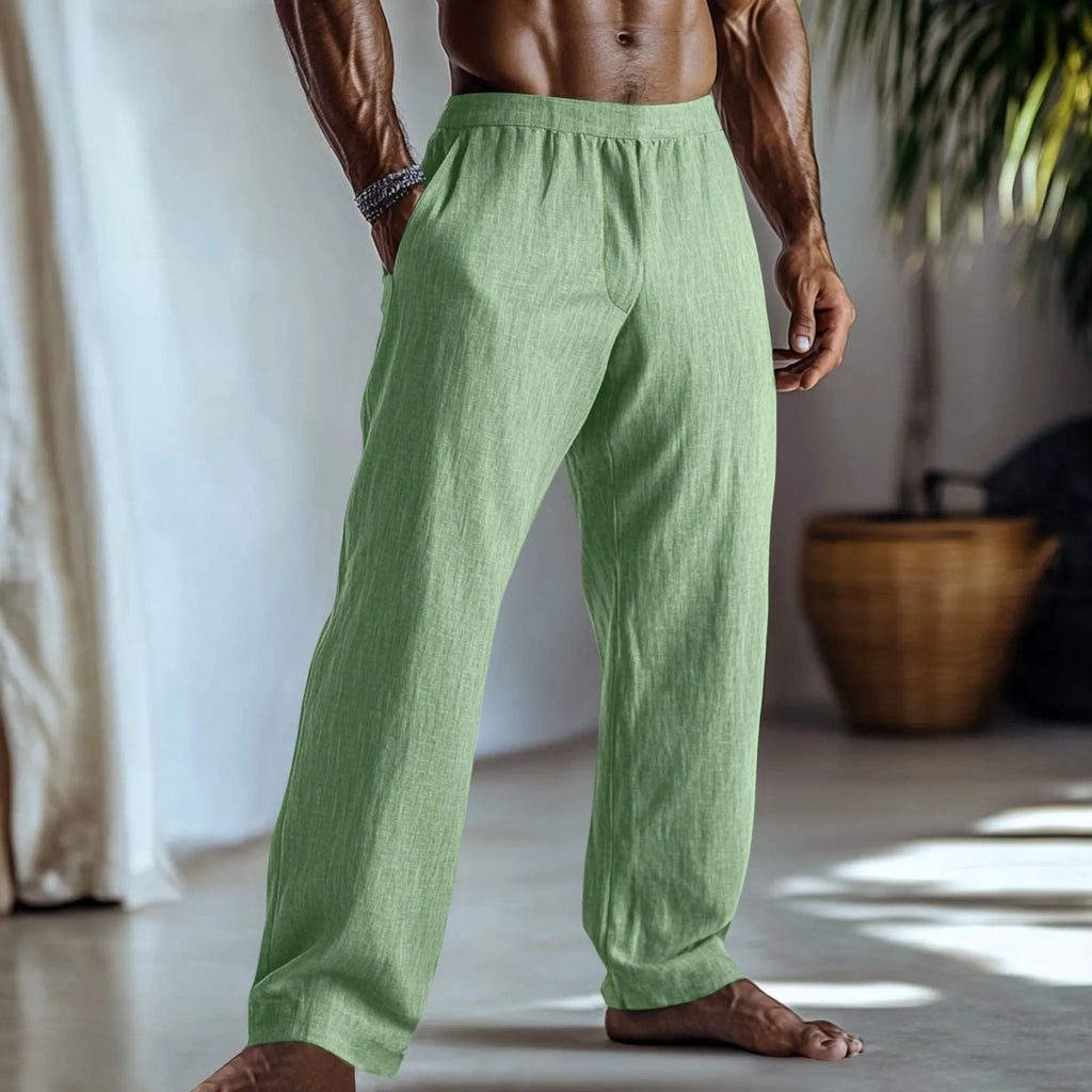 Men's straight-leg casual trousers in a cotton and linen fabric blend, shown in a solid colour.