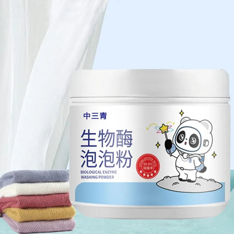 Bottle of biological enzyme bubble powder laundry detergent for stain removal on fabrics like down jackets and wool.