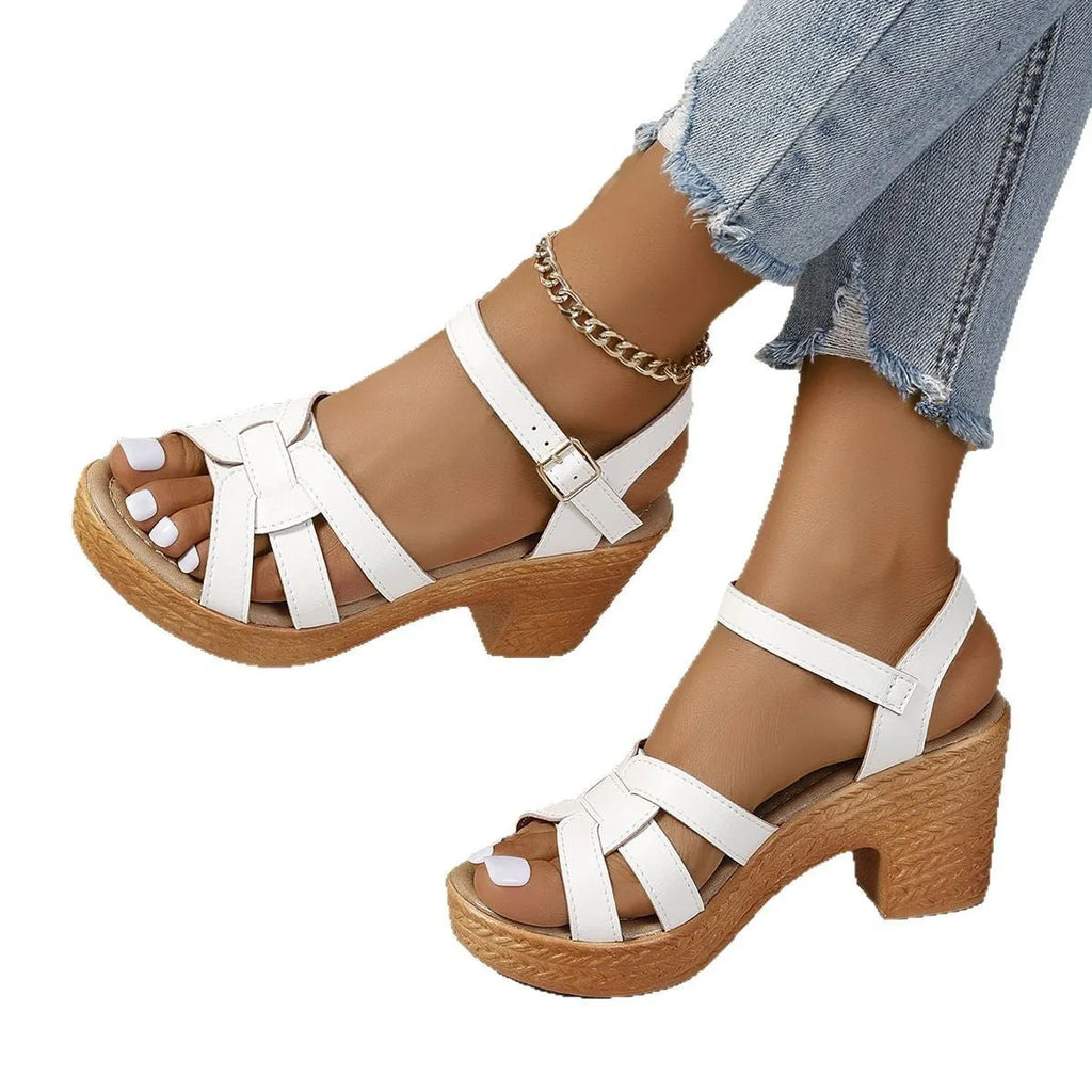Plus size women's black peep toe sandal with chunky heel and buckle ankle strap.