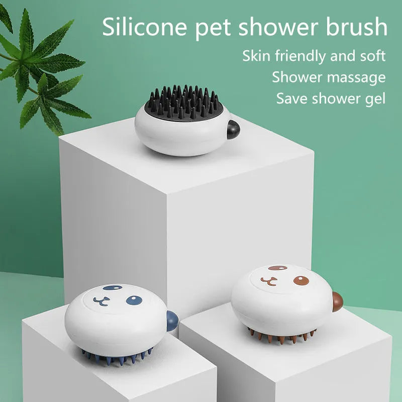 Panda-shaped silicone pet bath brush with soft bristles for cleaning dogs and cats.