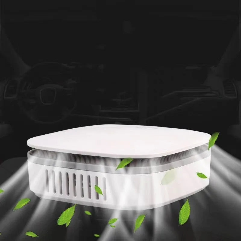 White USB-powered car air purifier with negative ion technology and button controls
