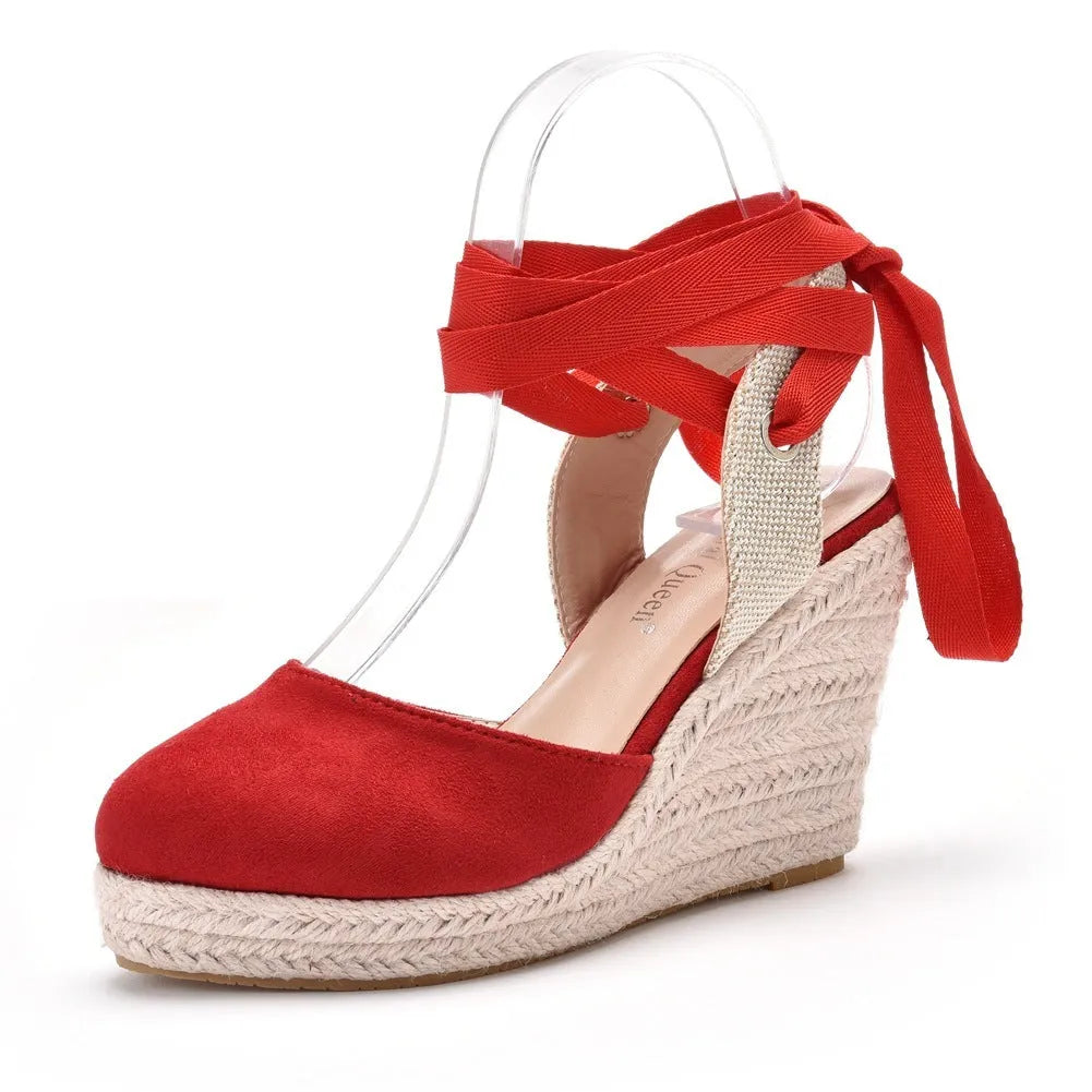 Women's apricot bohemian wedge sandals with bead decoration, buckle strap, and a platform sole.
