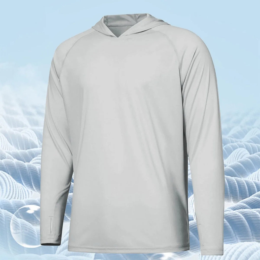 Man wearing a thin grey long sleeve hooded outdoor top for UV protection during fishing or hiking.