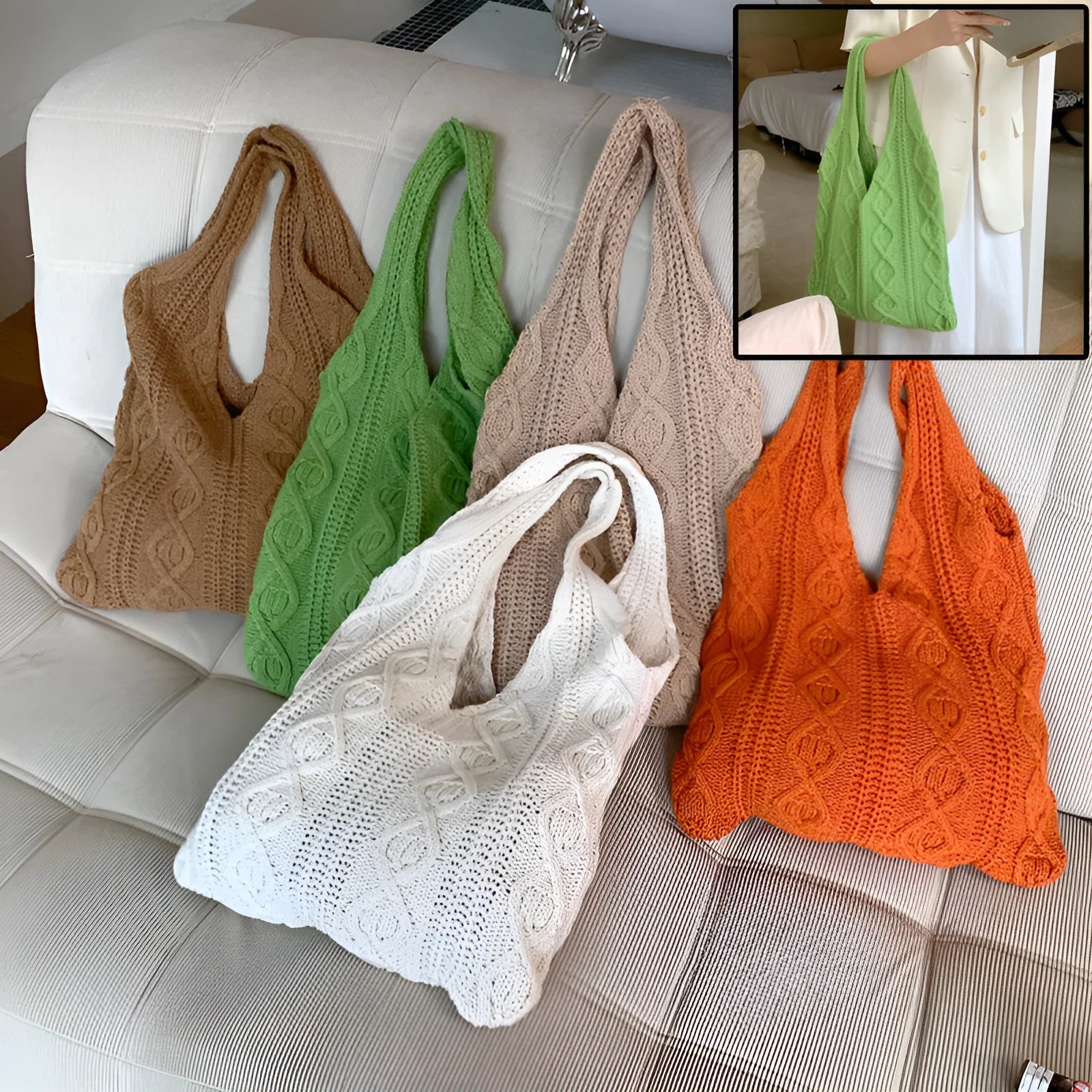 Women's retro hollow knitted woolen yarn shoulder tote bag in a solid colour with double straps.