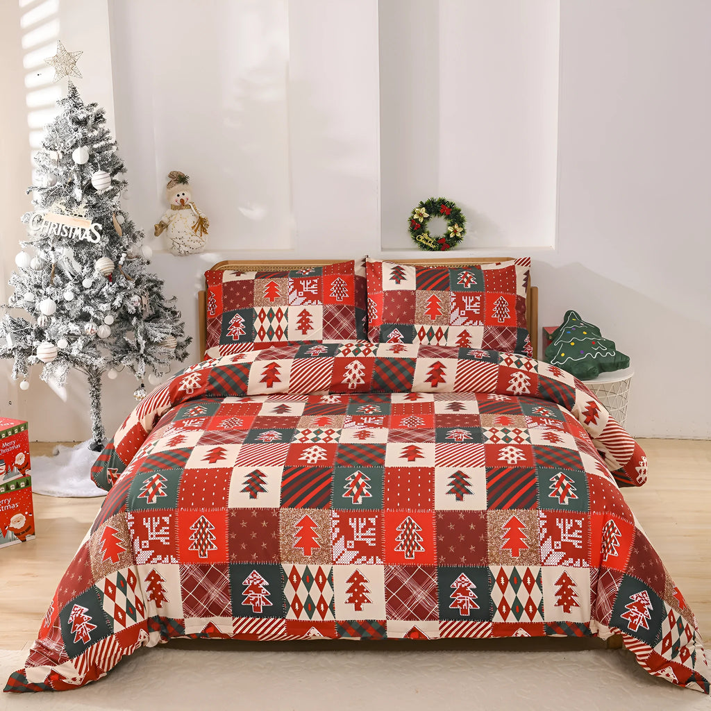 Christmas red plaid pattern three-piece bedding set with duvet cover and pillowcases on bed