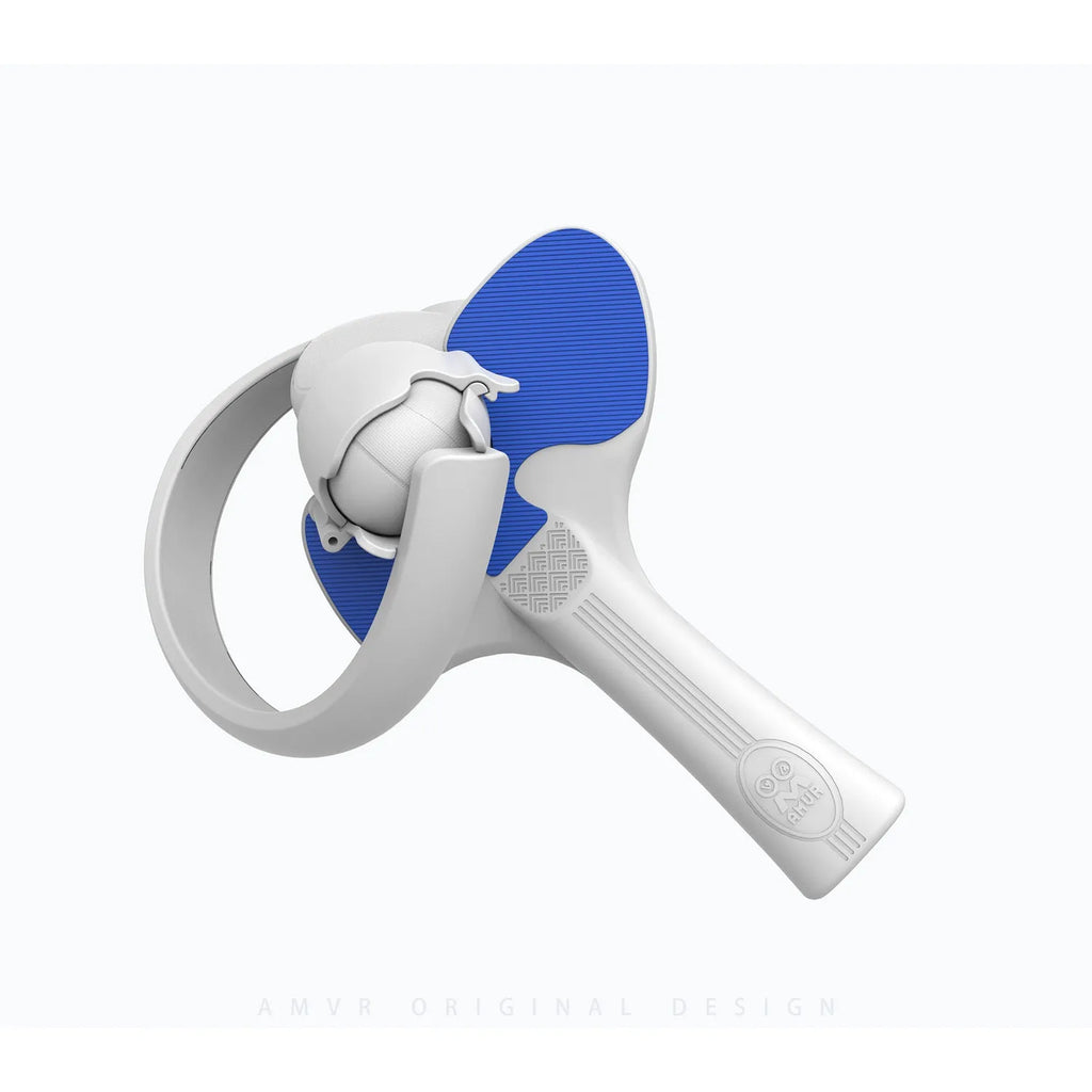 Red and blue plastic silicone table tennis racket hand grip accessory for Pico 4 VR controller showing 160x110x80mm dimensions