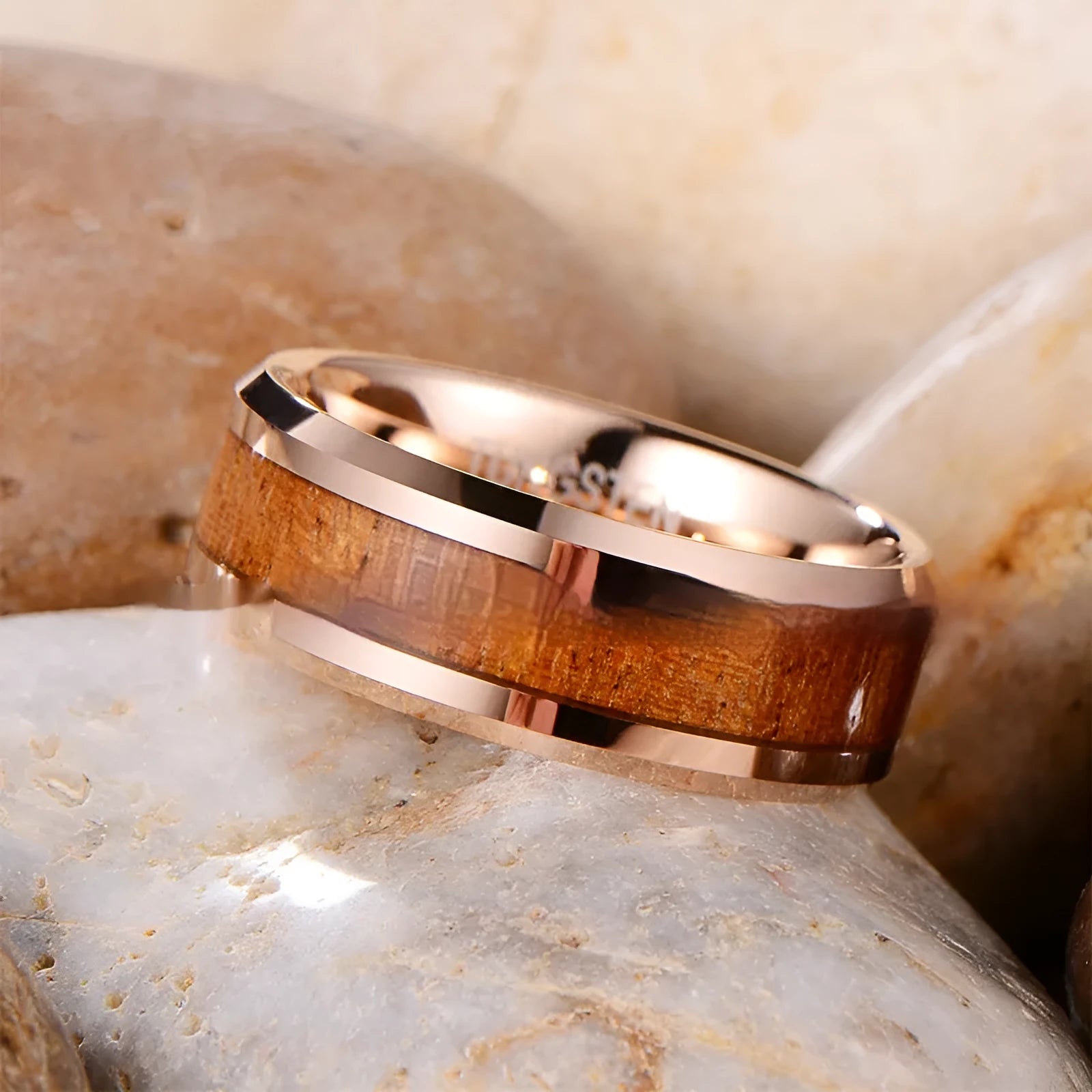 Men's 8mm wide Ugyen ring with wood and leather inlay in rose gold finish