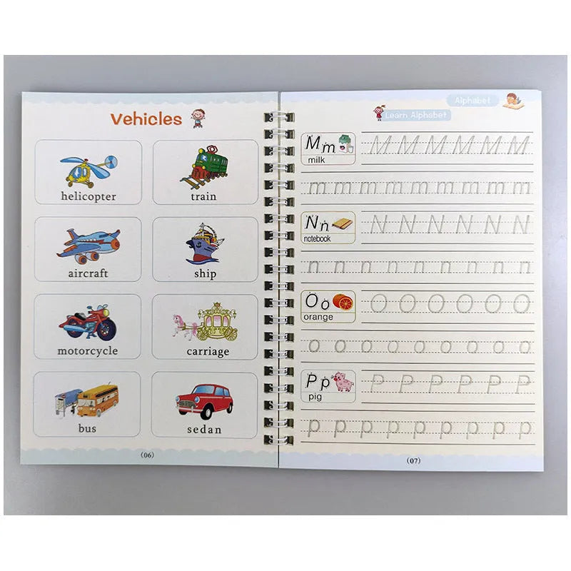 Magic calligraphy copybook set for children showing spellbooks, pens, and refills.