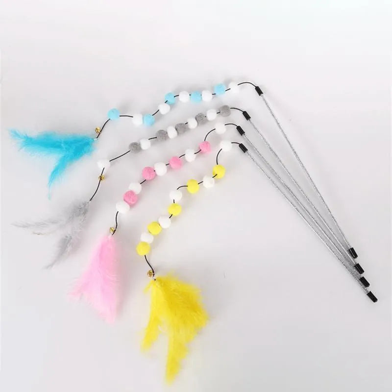 31cm long cat teaser stick with bell and contrast pompon feather toy in blue colour
