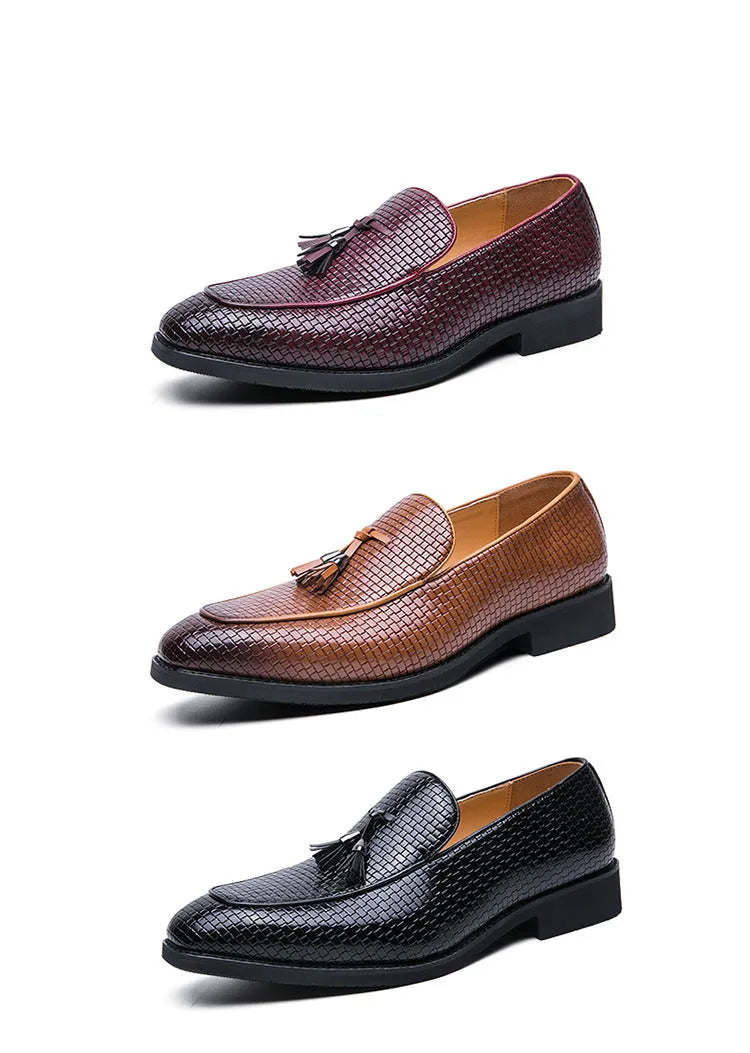 Men's black pointed toe slip-on business shoes with tassel detail on artificial PU upper