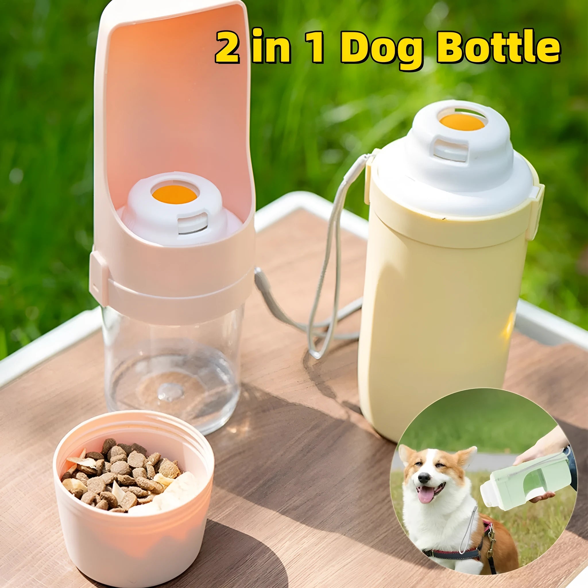Grey portable 2-in-1 dog travel water bottle and feeder with detachable lanyard.