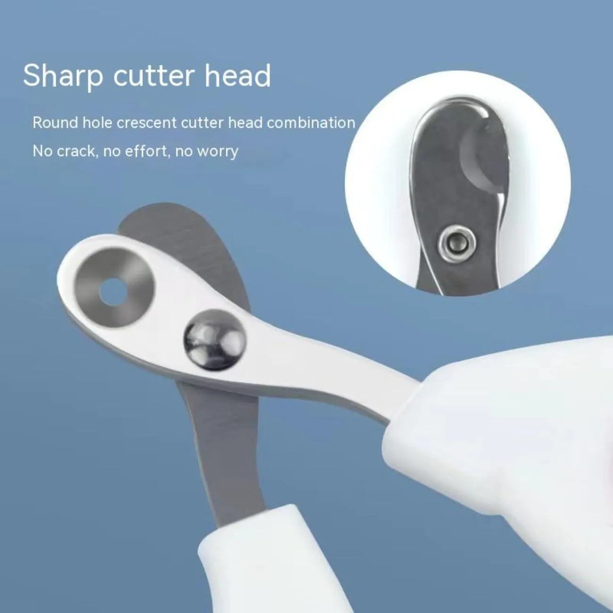 Blue cat nail clippers with circular cut hole and cushioned non-slip handles on a white background.