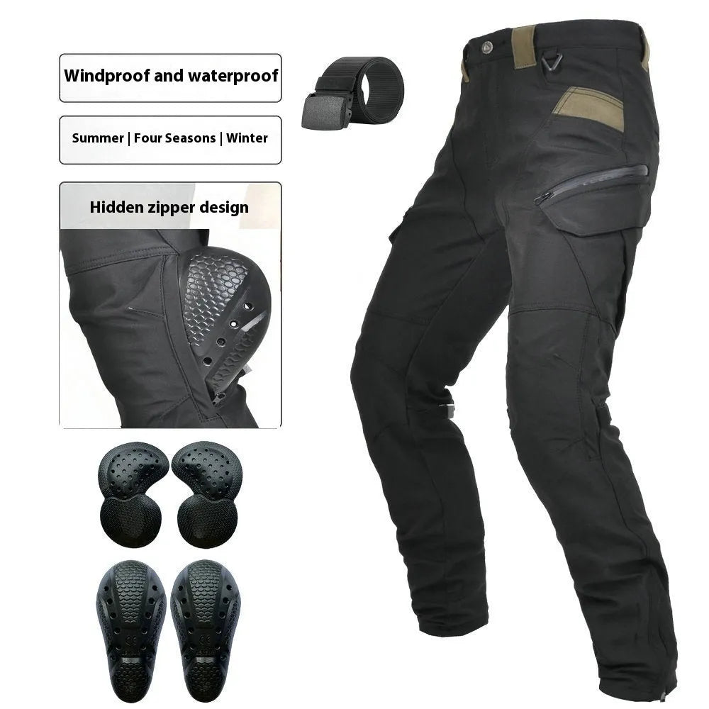 Men's waterproof motorcycle cycling trousers in black or green with belt and protective gear set