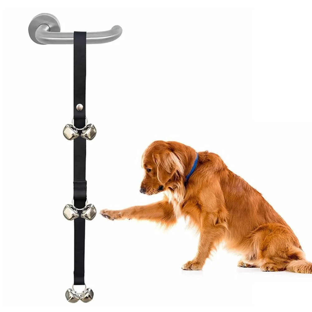 Seven large silver metal dog training bells on adjustable nylon leash for potty signal communication