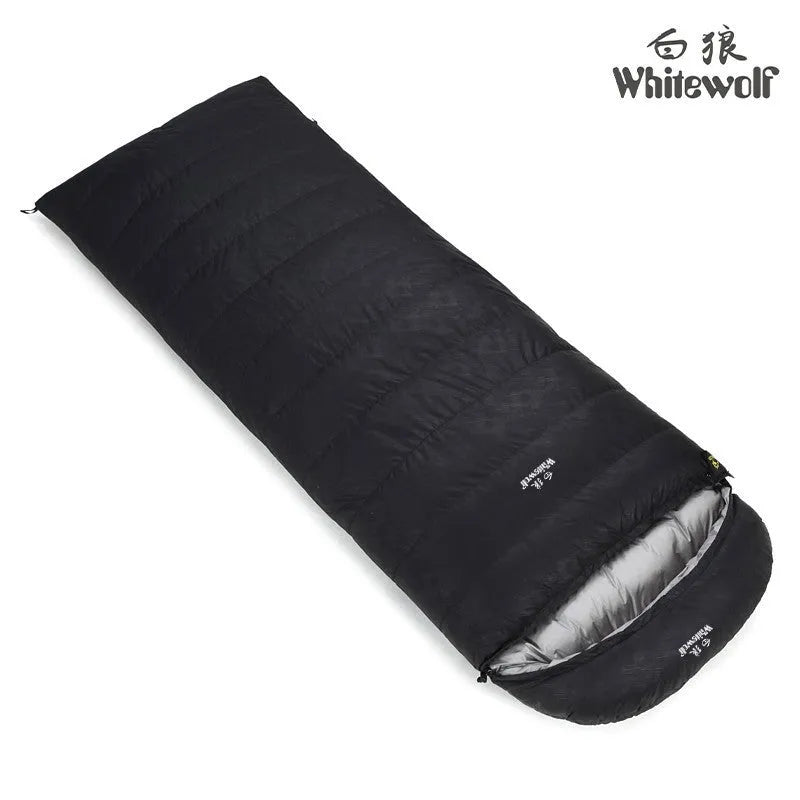 Black outdoor sleeping bag with envelope structure and white goose down filling