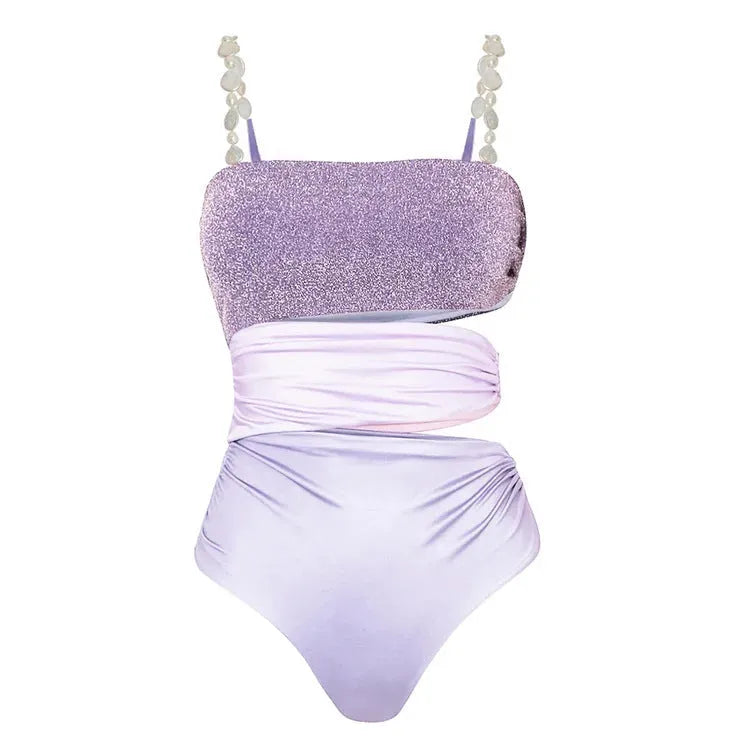 Purple one-piece swimsuit with hollow design and matching wrap skirt set for women seaside vacation wear