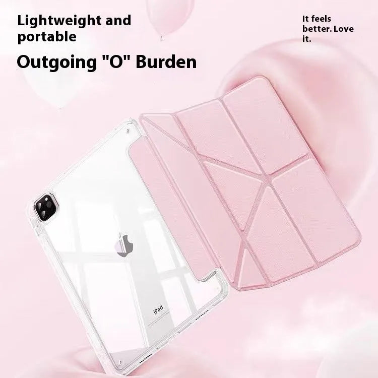 Transparent acrylic iPad protective cover showing integrated bracket and magnetic closure for multiple tablet models