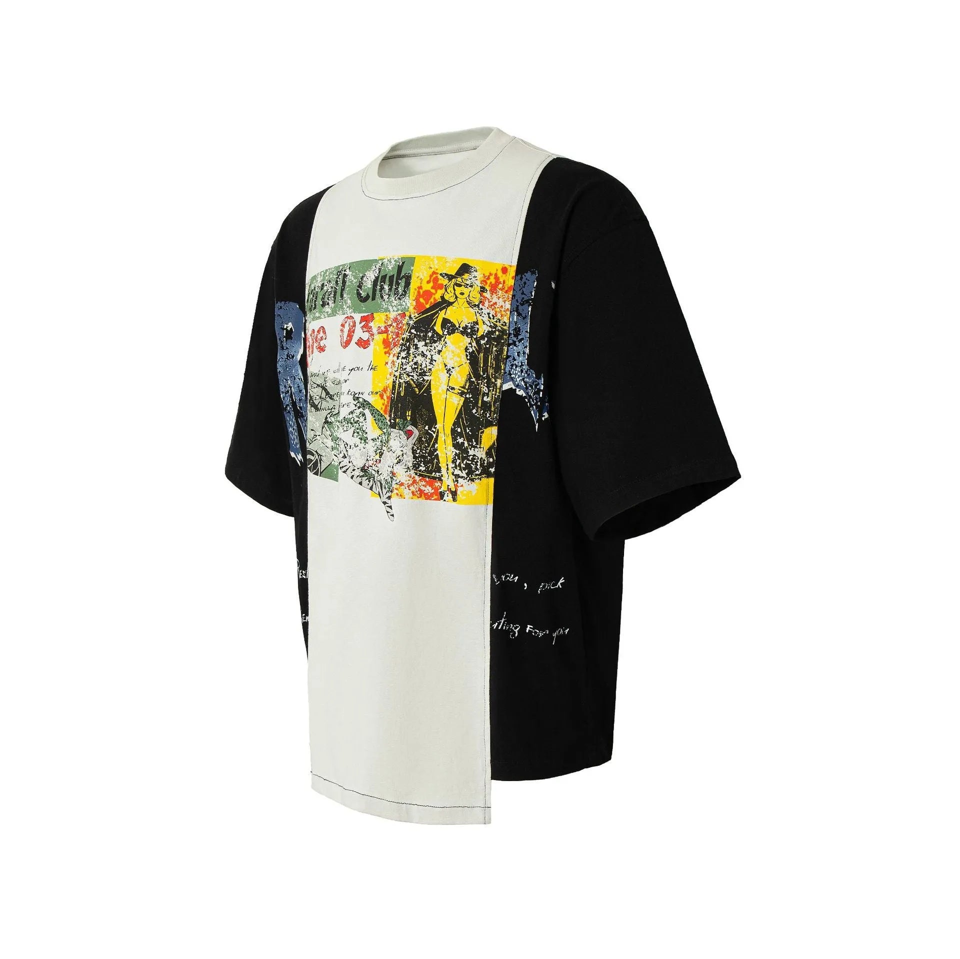 Men's black and white deconstruction printed cotton blend t-shirt with loose fit short sleeves