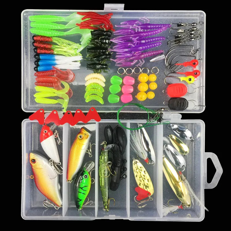 Junior entry-level fishing lure suit set in a black polypropylene storage box with multiple soft plastic baits