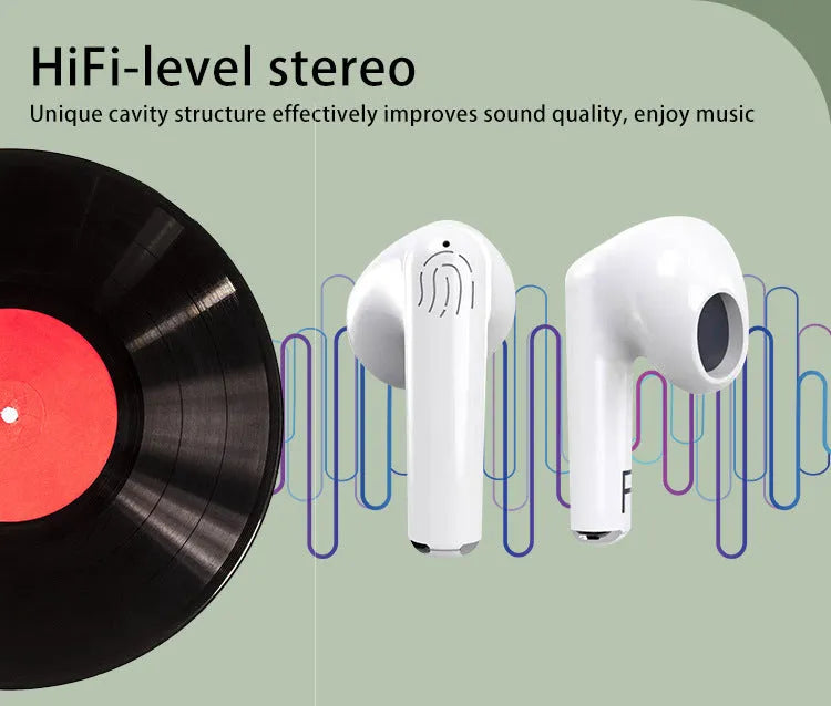 White wireless Bluetooth earphones with a semi in-ear design and a matching white charging case.