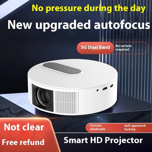 White 720p HD home cinema projector with remote control on a table.
