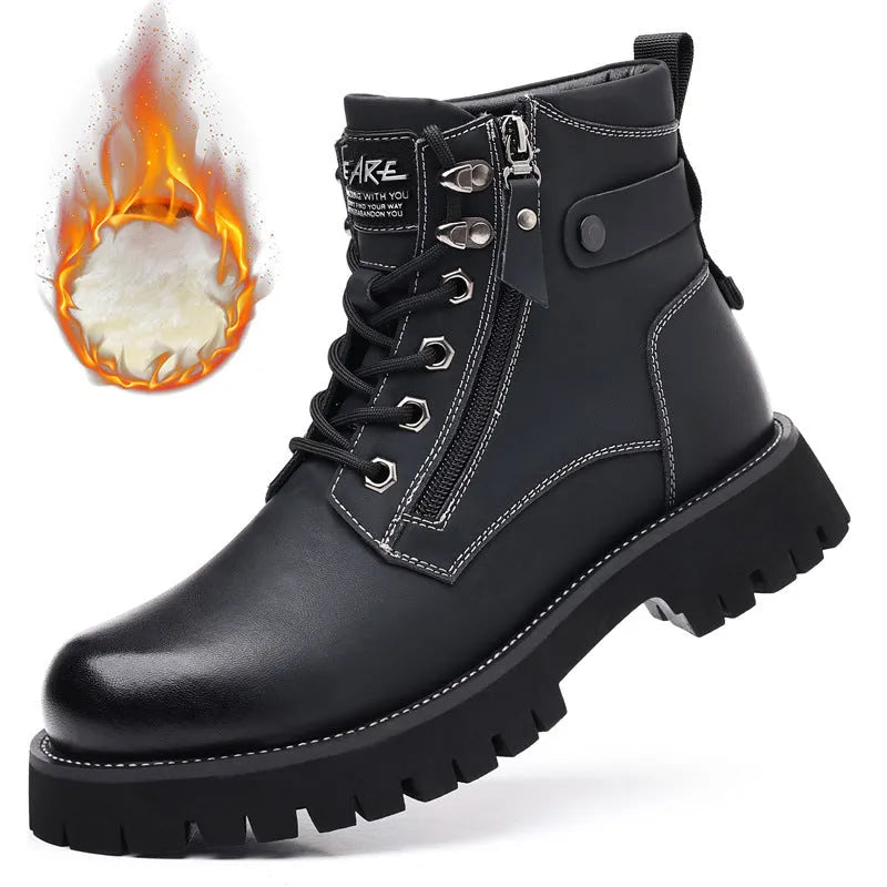 Men's brown leather high-top Martin boots with side zipper and round toe.
