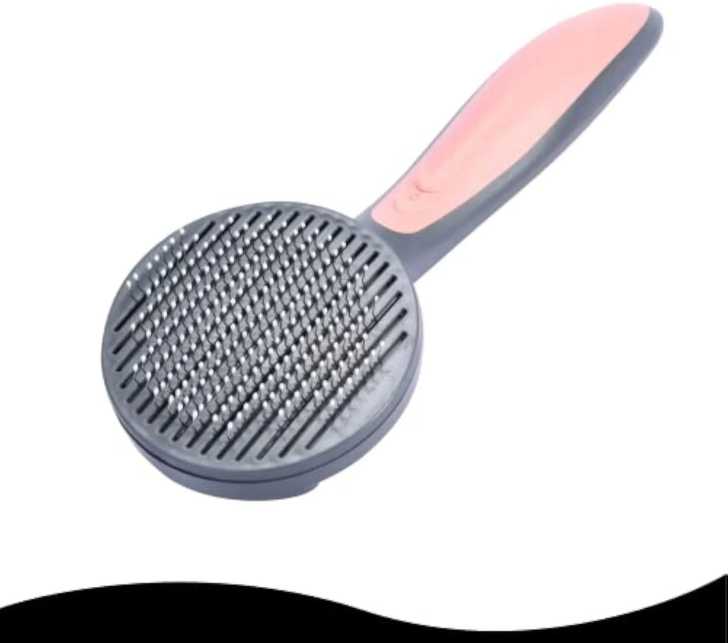 Grey self-cleaning slicker brush for pet grooming on a white background.