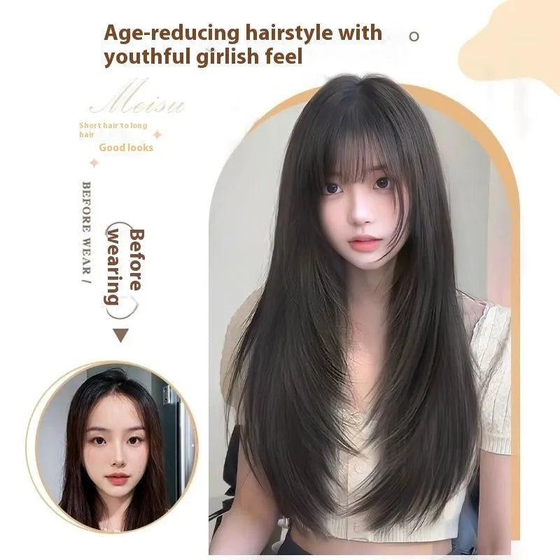 Black long straight high-layered full-head wig on a wear-free hair net base.