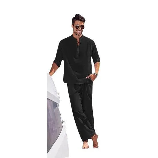 Men's cotton casual trousers suit two-piece set in solid colour with long sleeves