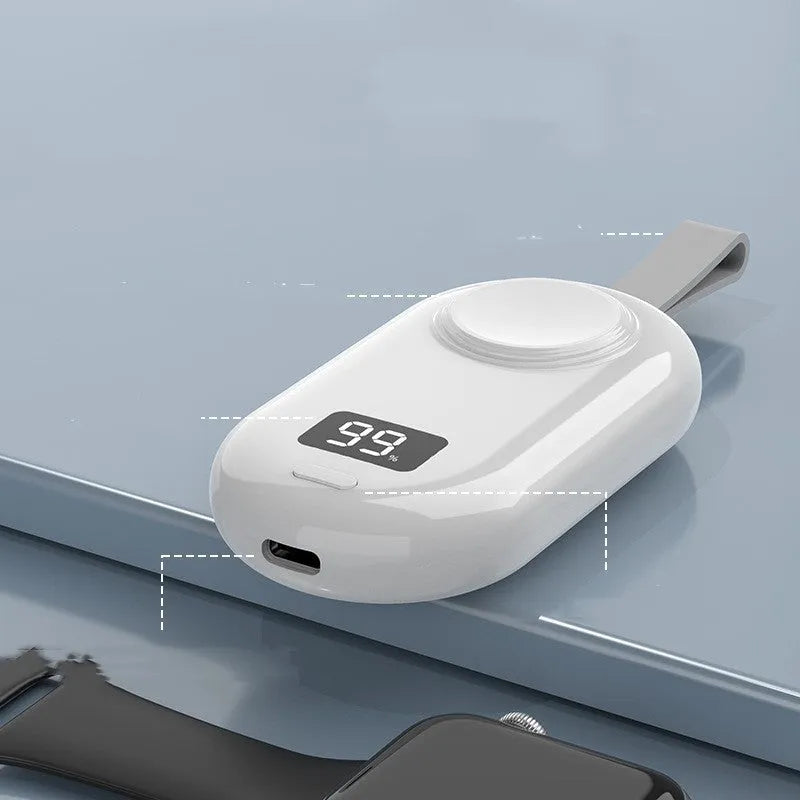Portable wireless charging dock for V5 smartwatch with Type-C cable on white surface