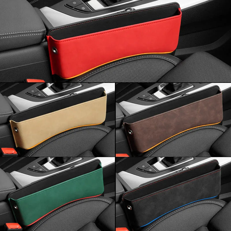Leather car seat storage box in beige suede colour, shown on a car passenger seat.