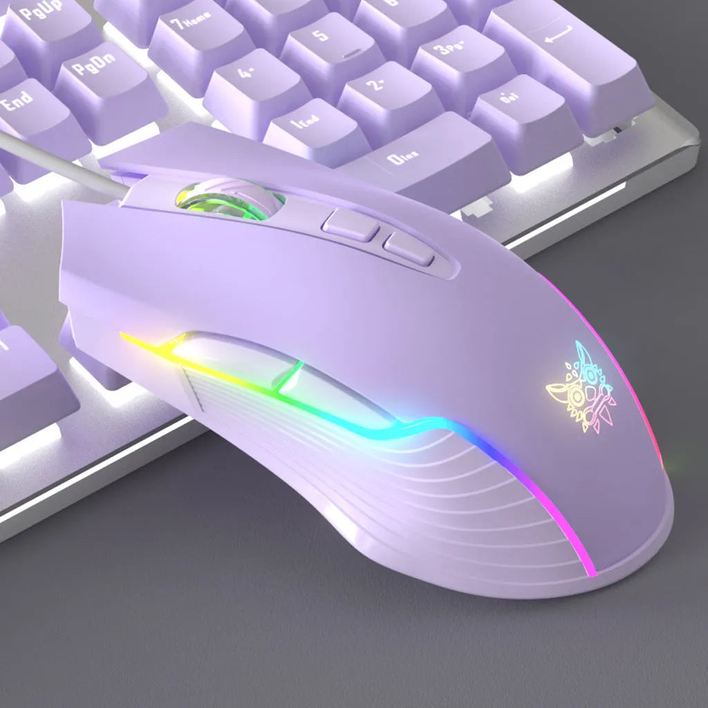 Purple and white mechanical keyboard and mouse wired set with backlight illumination