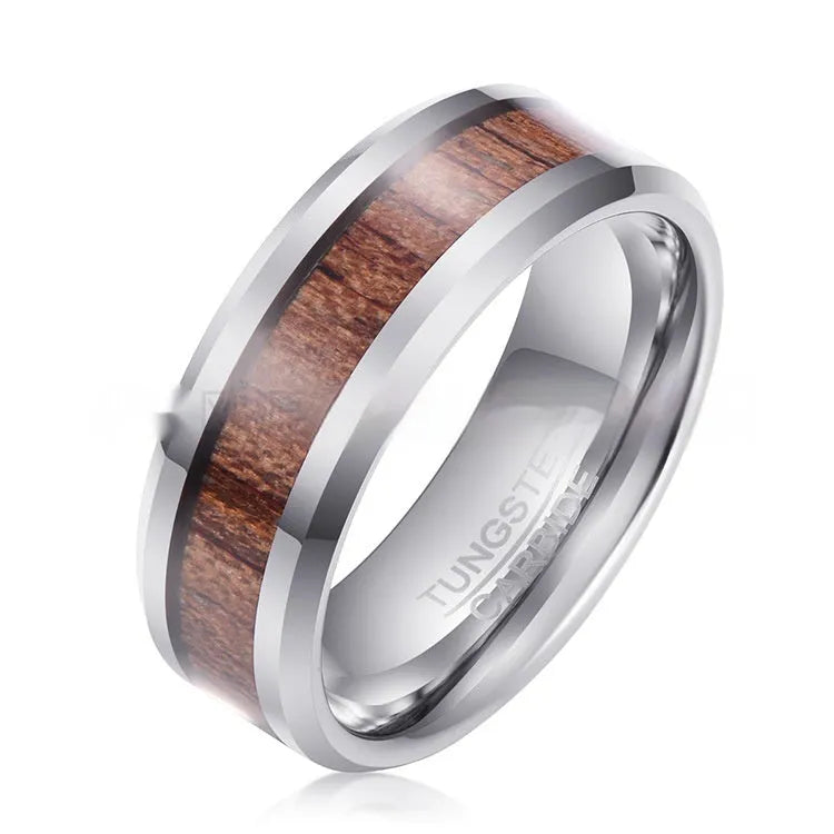 Men's 8mm wide Ugyen ring with wood and leather inlay in rose gold finish