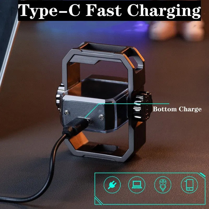 Blue zinc alloy double arc electric lighter with USB-C port and rotary gyroscope mechanism.