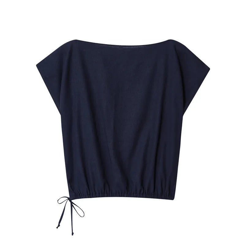 Women's linen-blend shirt with flounced sleeves and matching wide-leg trousers coordinated set