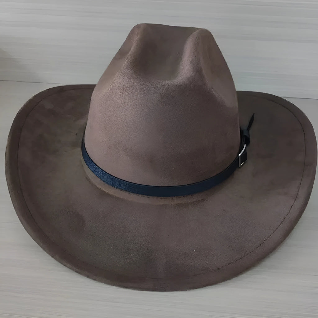 Brown leather velvet Western cowboy hat with curved edge brim and conical crown