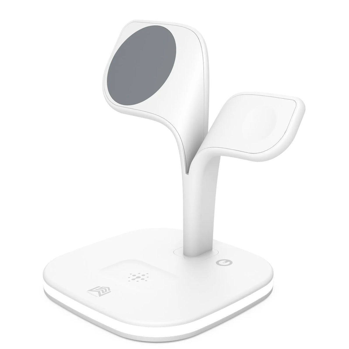 Black and white wireless charging station for phone, watch, and headphones on a desk