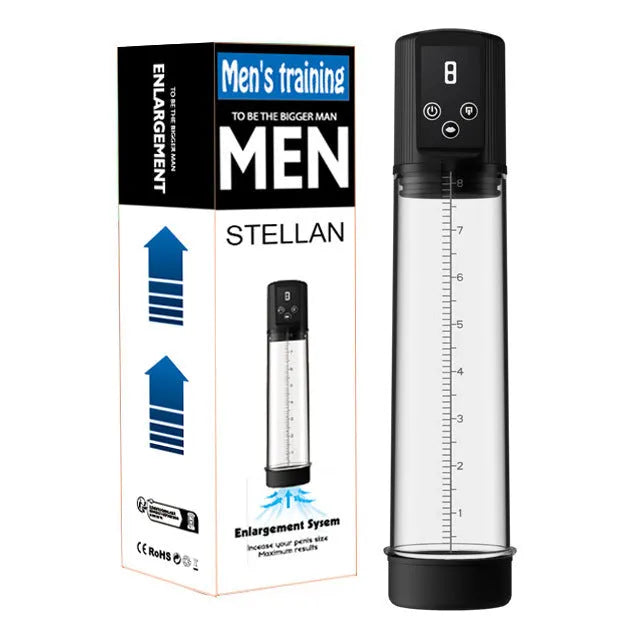 Men's masturbation device with electric training pump in diqiao colour, made from ABS and TPE plastic.