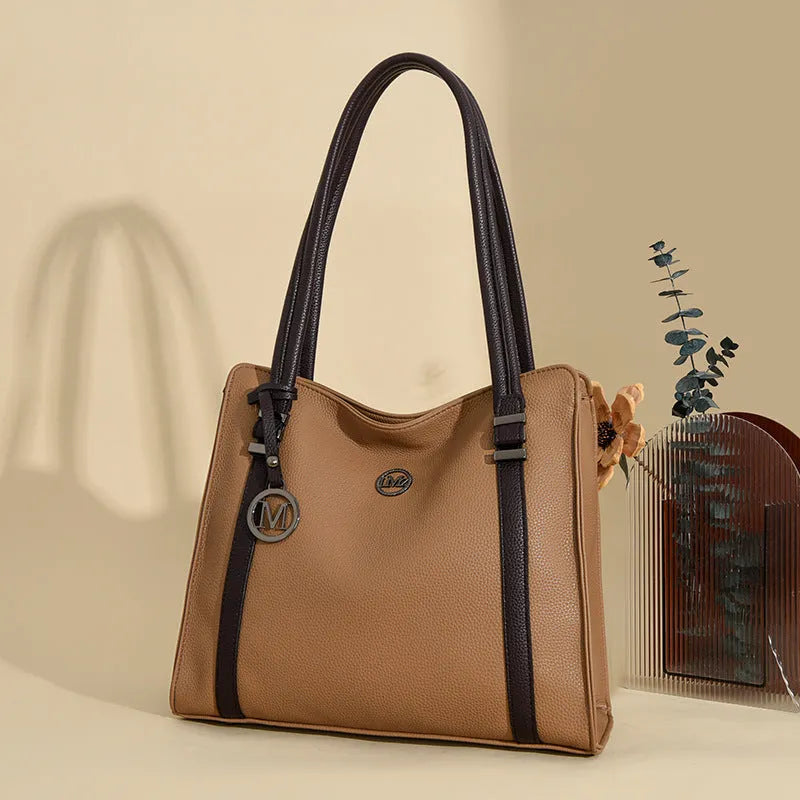 Genuine leather women's large crossbody bag in horizontal square design with double shoulder straps