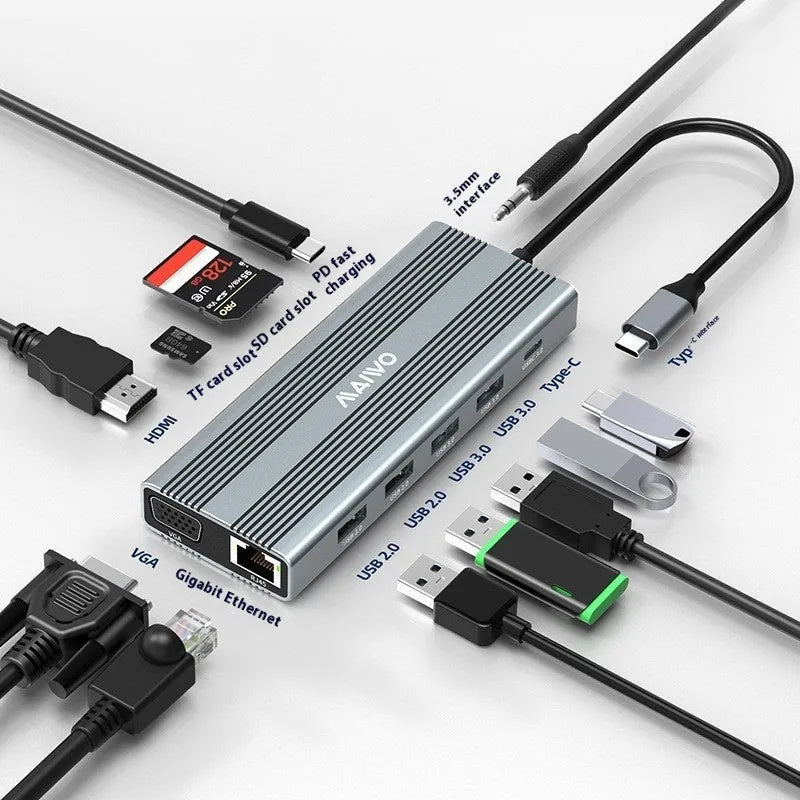 Steam Deck six-port docking station with aluminium casing and 15cm USB-C cable showing HDMI, Ethernet and USB ports