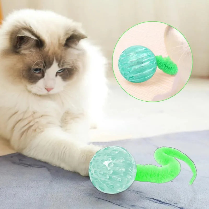 Interactive bouncy ball cat toy with soft plush worm tail in green, pink, or purple colours