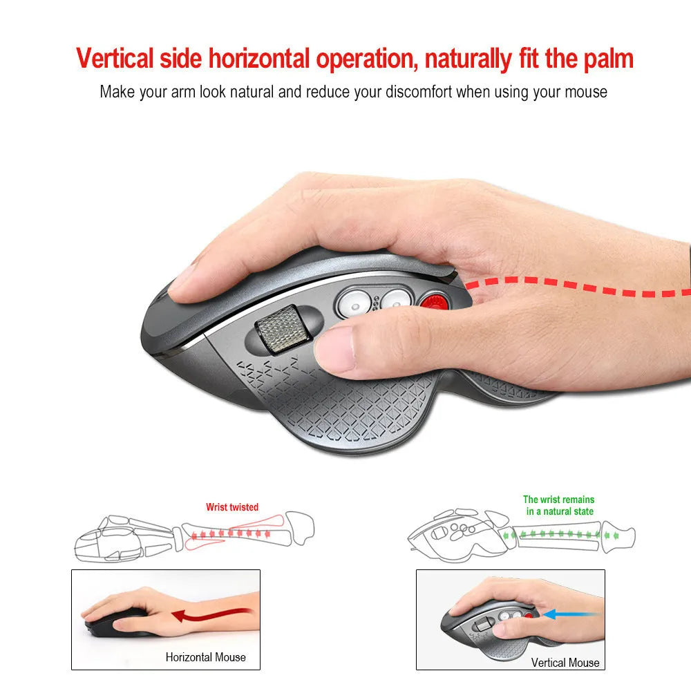T32 Wireless Vertical Ergonomic Mouse in black or silver with aluminium side roller.