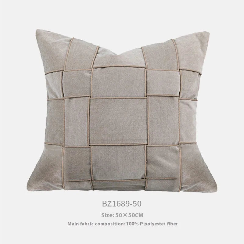 Square chenille woven cushion in beige, black, orange, reddish brown, green, coffee or taupe, 50cm size.