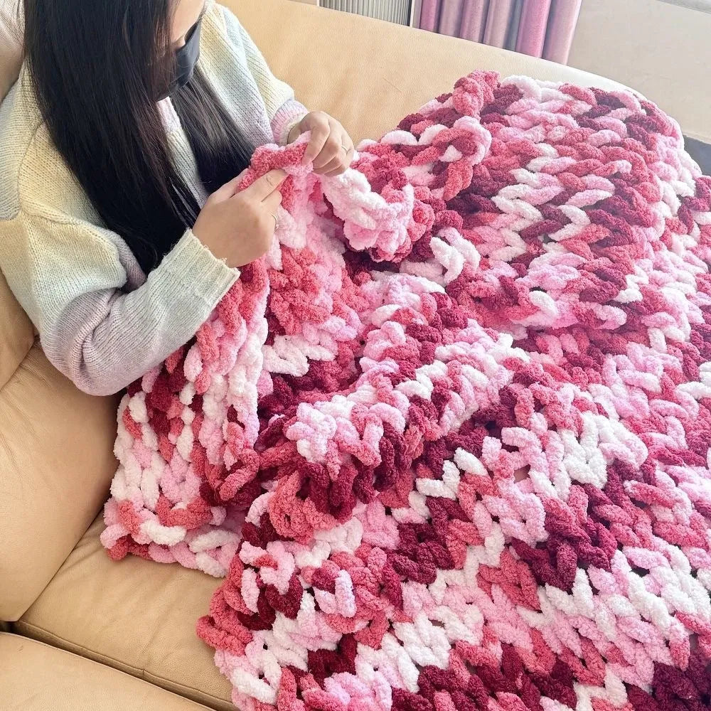 Coarse yarn chenille knitted blanket with braided gravity texture in modern colour pattern