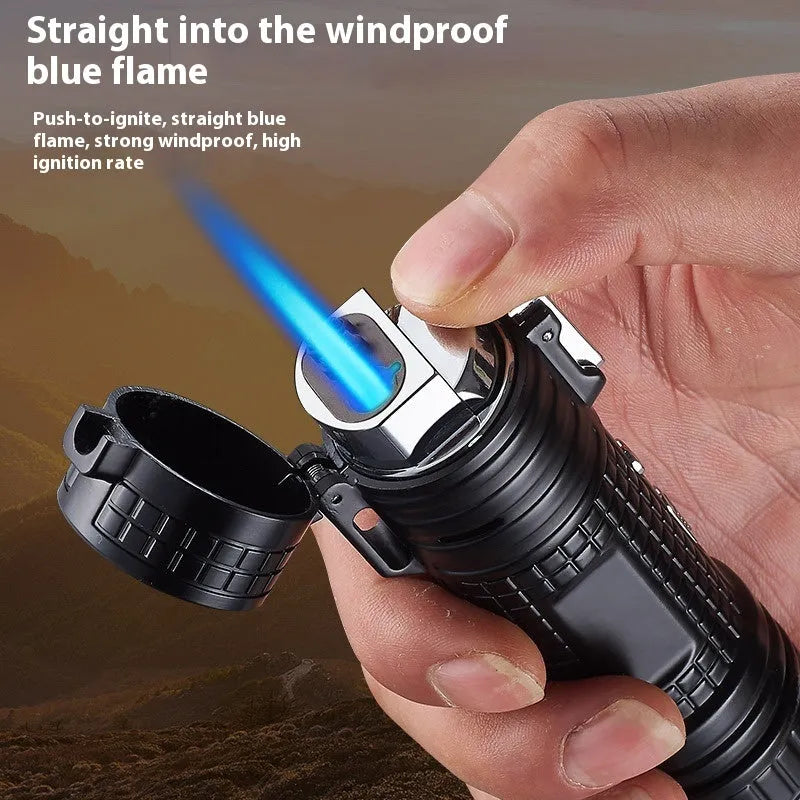 TH727 multi-function metal flashlight lighter showing colour options: black, blue, camouflage, red, yellow