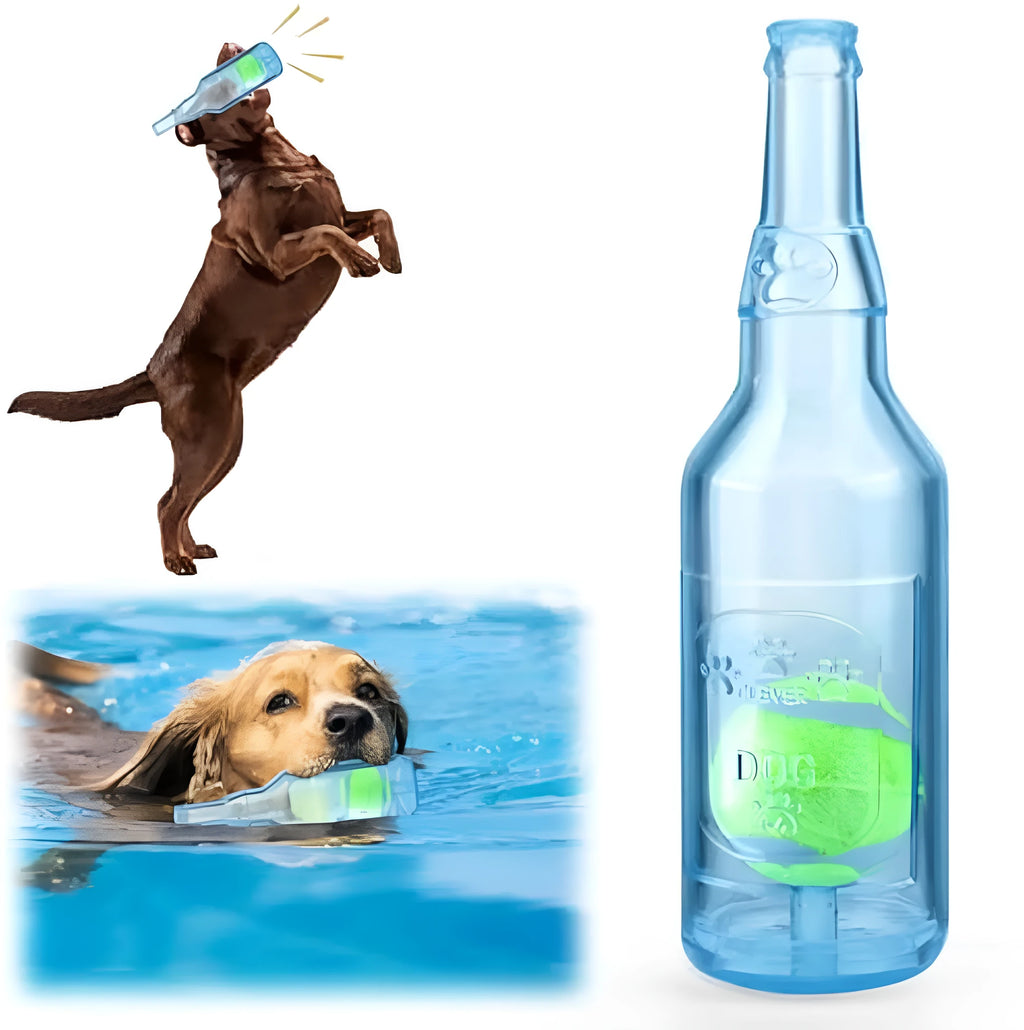 Blue natural rubber water bottle dog toy with squeaker tail for aggressive chewers