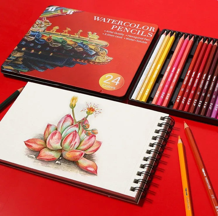 Box of 24 water soluble coloured pencils open inside a silver iron storage tin.