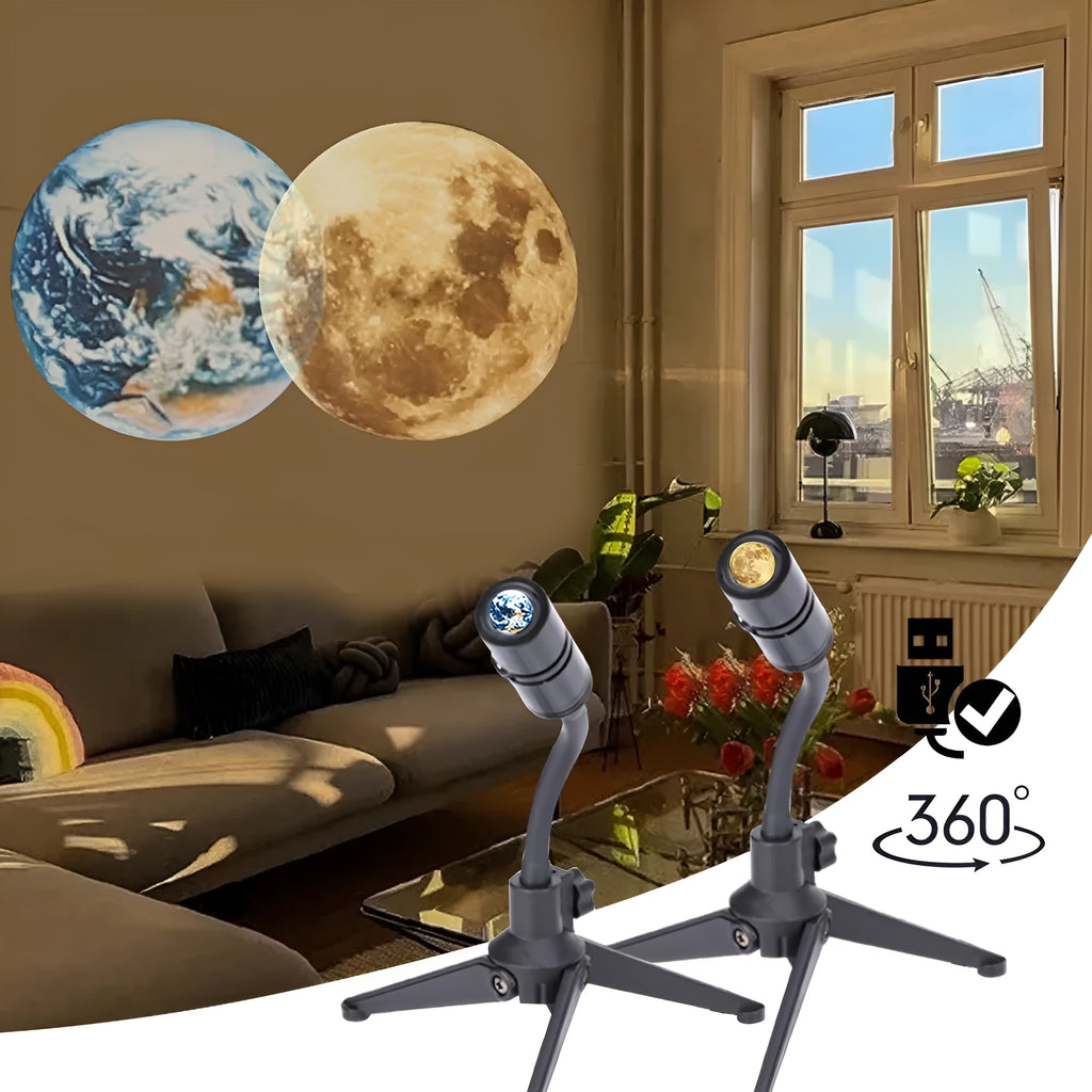 Earth and moon projection lamp with adjustable hose bracket on USB cable